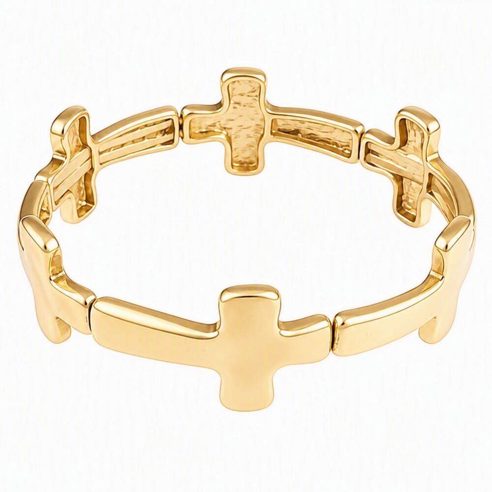 Gold Tone Polished Cross Stretchy Cord Bracelet 7.5" Religious Christian Faith